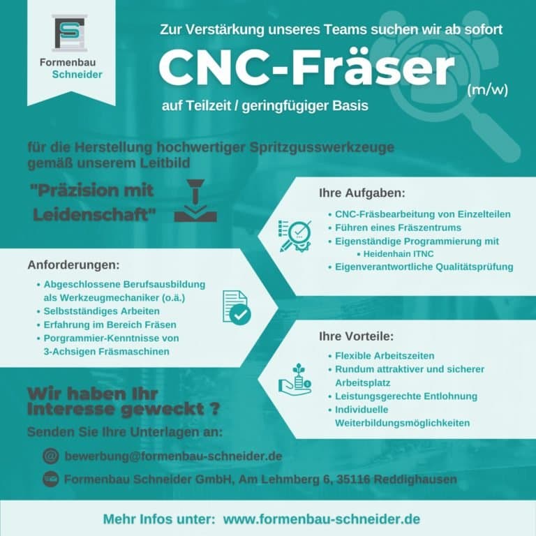 Recruitment flyer for CNC milling job at Formenbau Schneider with role, requirements, and contact details in German.