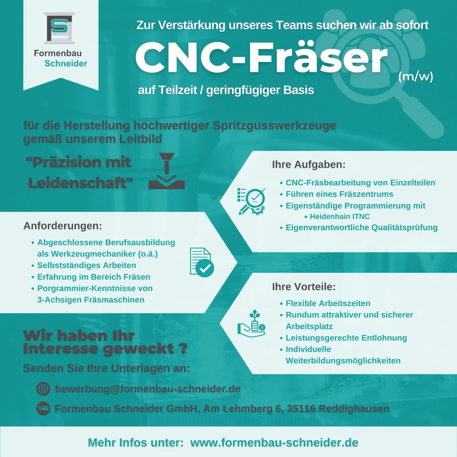 Recruitment flyer for CNC milling job at Formenbau Schneider with role, requirements, and contact details in German.