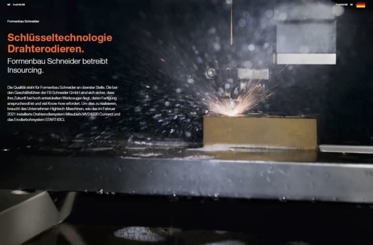 Close-up of a wire EDM machine at Formenbau Schneider, showcasing high-precision insourcing technology.