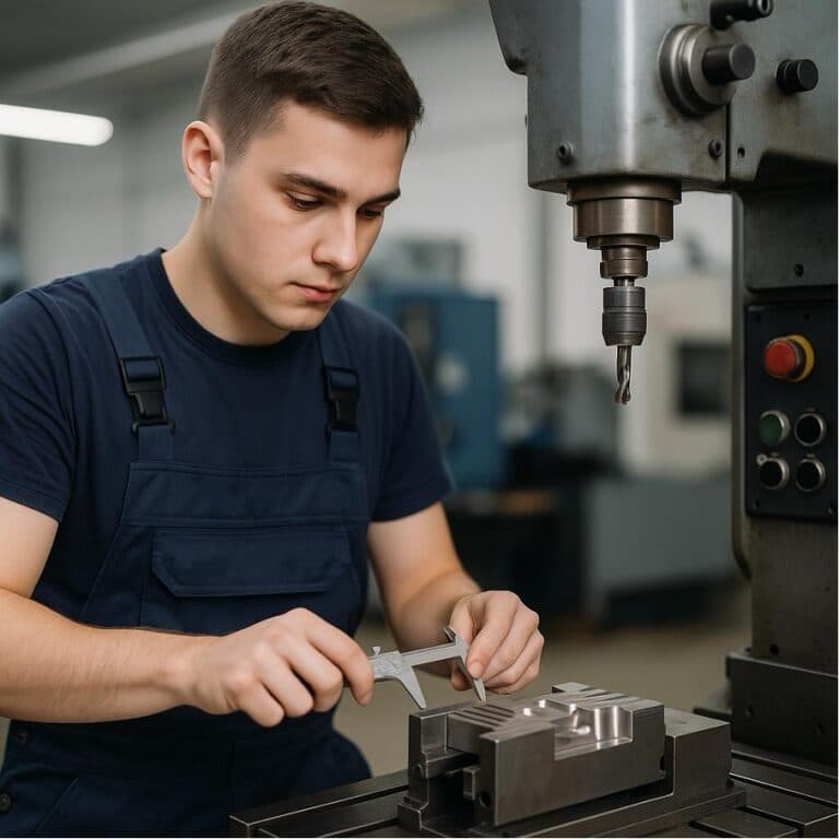 Junger Mann vermisst Metallteil in Werkstatt mit Messschieber.