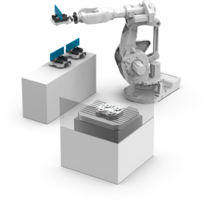 Industrieroboter mit Bauteilen auf Podesten, effizient für präzise Automatisierung.