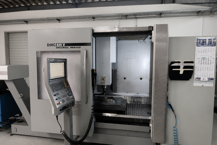 dmc 835C CNC-Fräsmaschine DMC 835 V in moderner Werkstattumgebung.