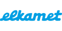 Elkamet Logo in blauer Schrift auf weißem Hintergrund.