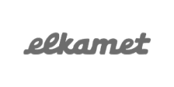 Elkamet Logo, graues Design, Schriftzug in kursiver Schrift auf transparentem Hintergrund.