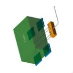 Abstract 3D diagram with a green box, orange component, cables, and text Last. Tech connectivity concept.