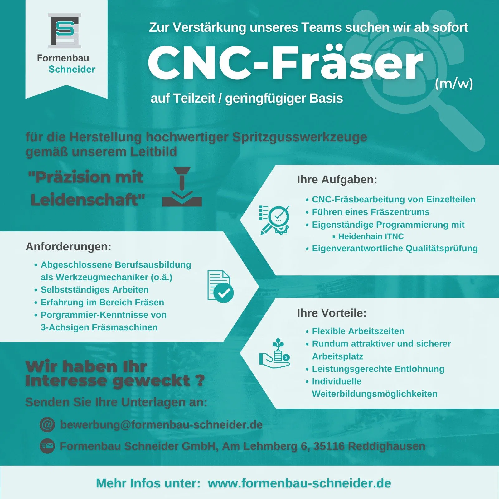 Recruitment flyer for CNC milling job at Formenbau Schneider with role, requirements, and contact details in German.