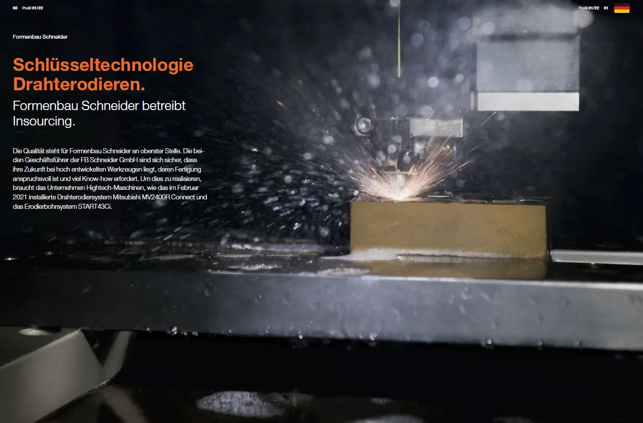 Close-up of a wire EDM machine at Formenbau Schneider, showcasing high-precision insourcing technology.