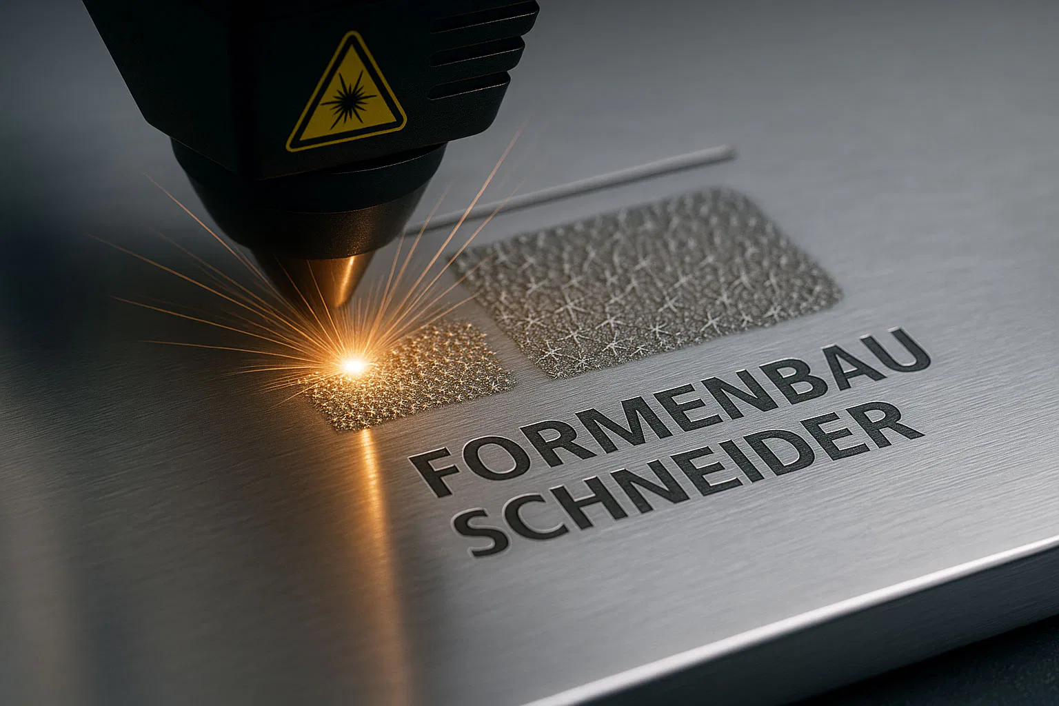 Lasergravur auf Metallplatte mit Aufschrift Formenbau Schneider, funkelnde Strahlen.