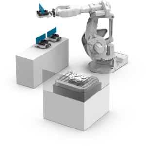 Industrieroboter mit Bauteilen auf Podesten, effizient für präzise Automatisierung.