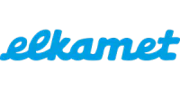 Elkamet Logo in blauer Schrift auf weißem Hintergrund.