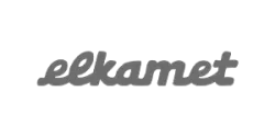 Elkamet Logo, graues Design, Schriftzug in kursiver Schrift auf transparentem Hintergrund.
