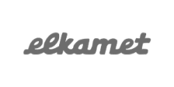 Elkamet Logo, graues Design, Schriftzug in kursiver Schrift auf transparentem Hintergrund.